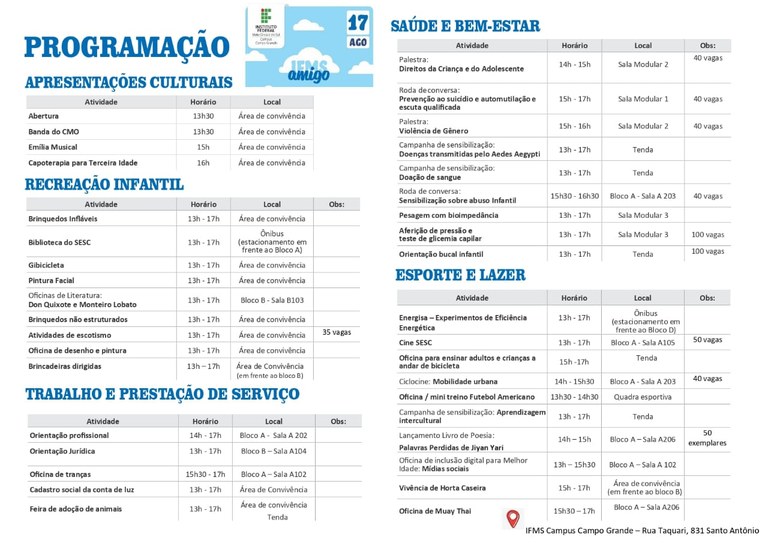 Programação completa do IFMS Amigo